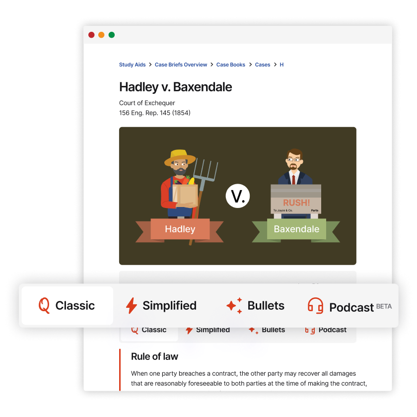 A Quimbee case brief with Classic, Simplified, Bullets, and Podcast format options