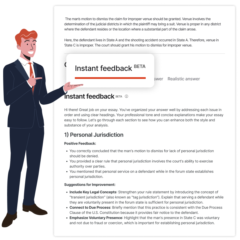 The Instant feedback panel showing coaching notes on a practice essay